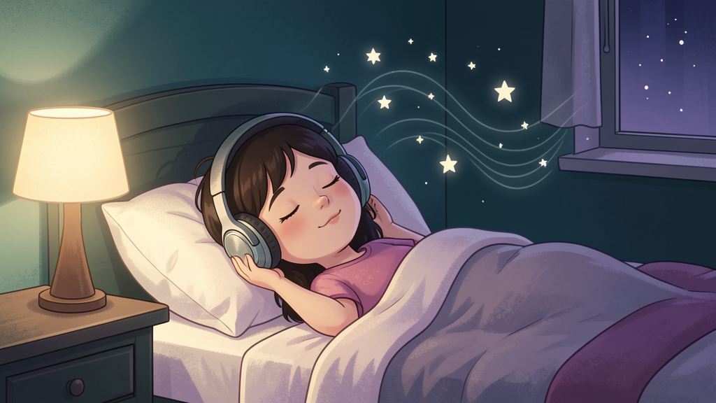 Child calmly listening to an audio session at bedtime